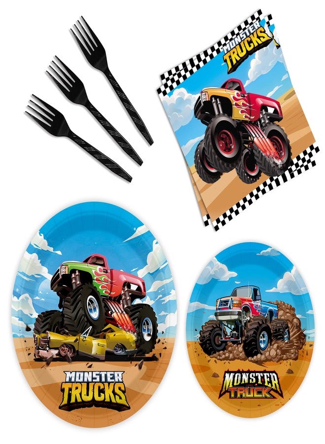 BQK 96 Pcs Monster Truck Plates and Napkins - Monster Truck Birthday Decorations and Party Supplies - Image 1